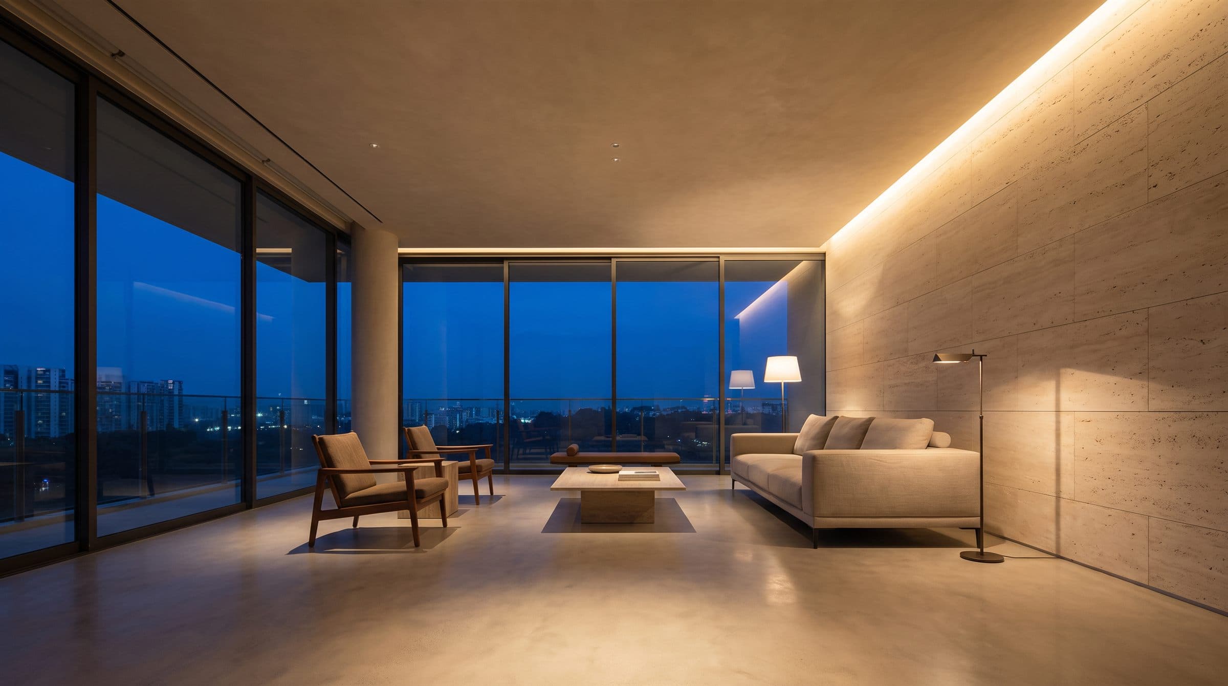 Living room at dusk lit by warm cove lighting and wall grazing, with the dusk sky through full-height glazing