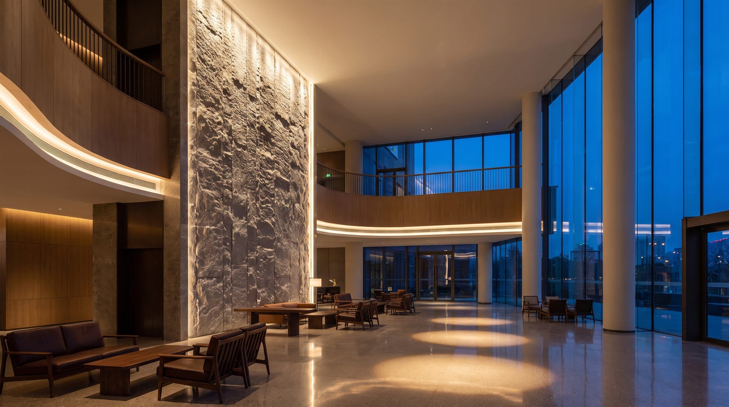 Double-height lobby atrium at dusk with grazed stone and cove light