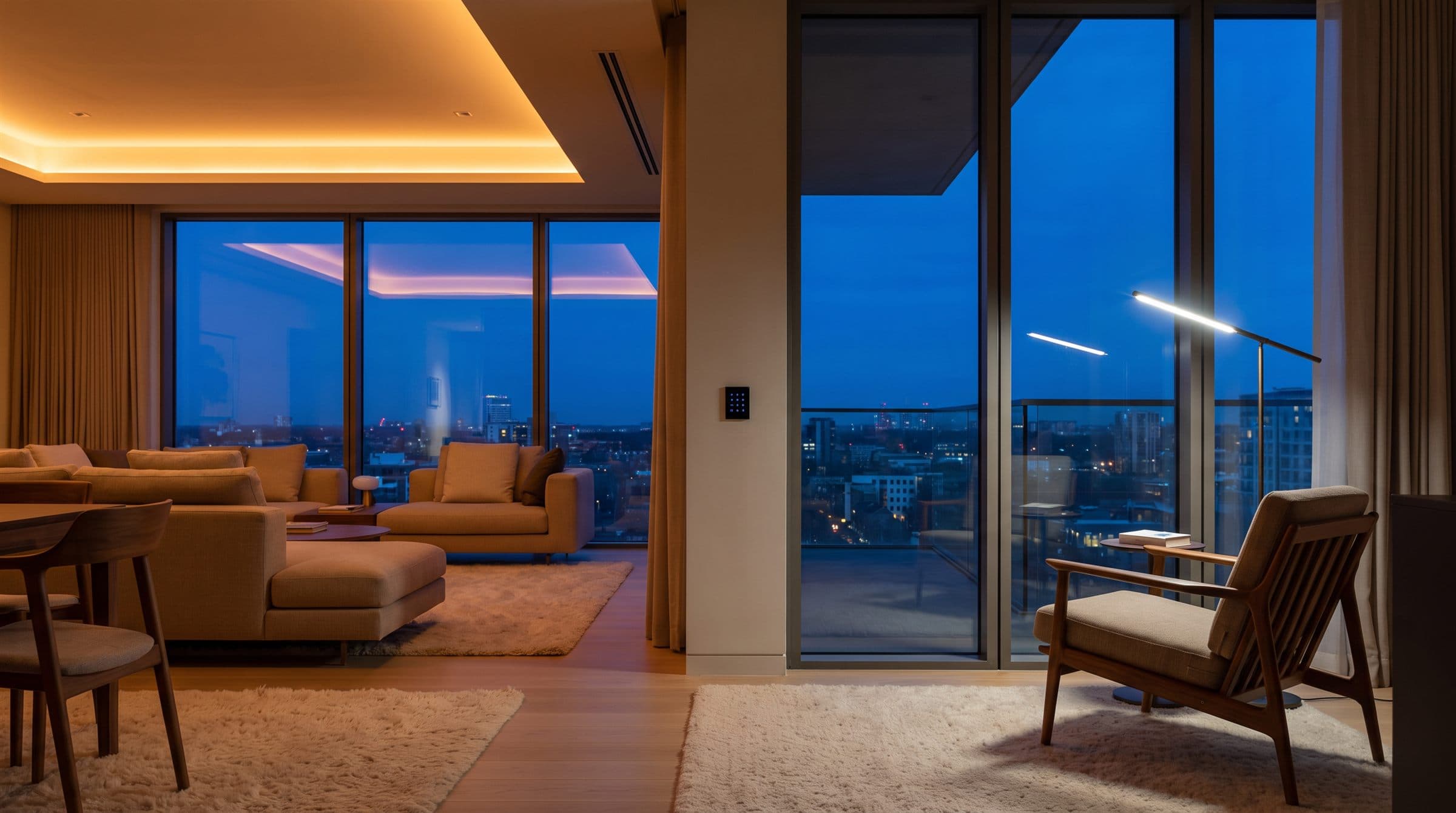 Living room at dusk with the city skyline beyond full-height glass