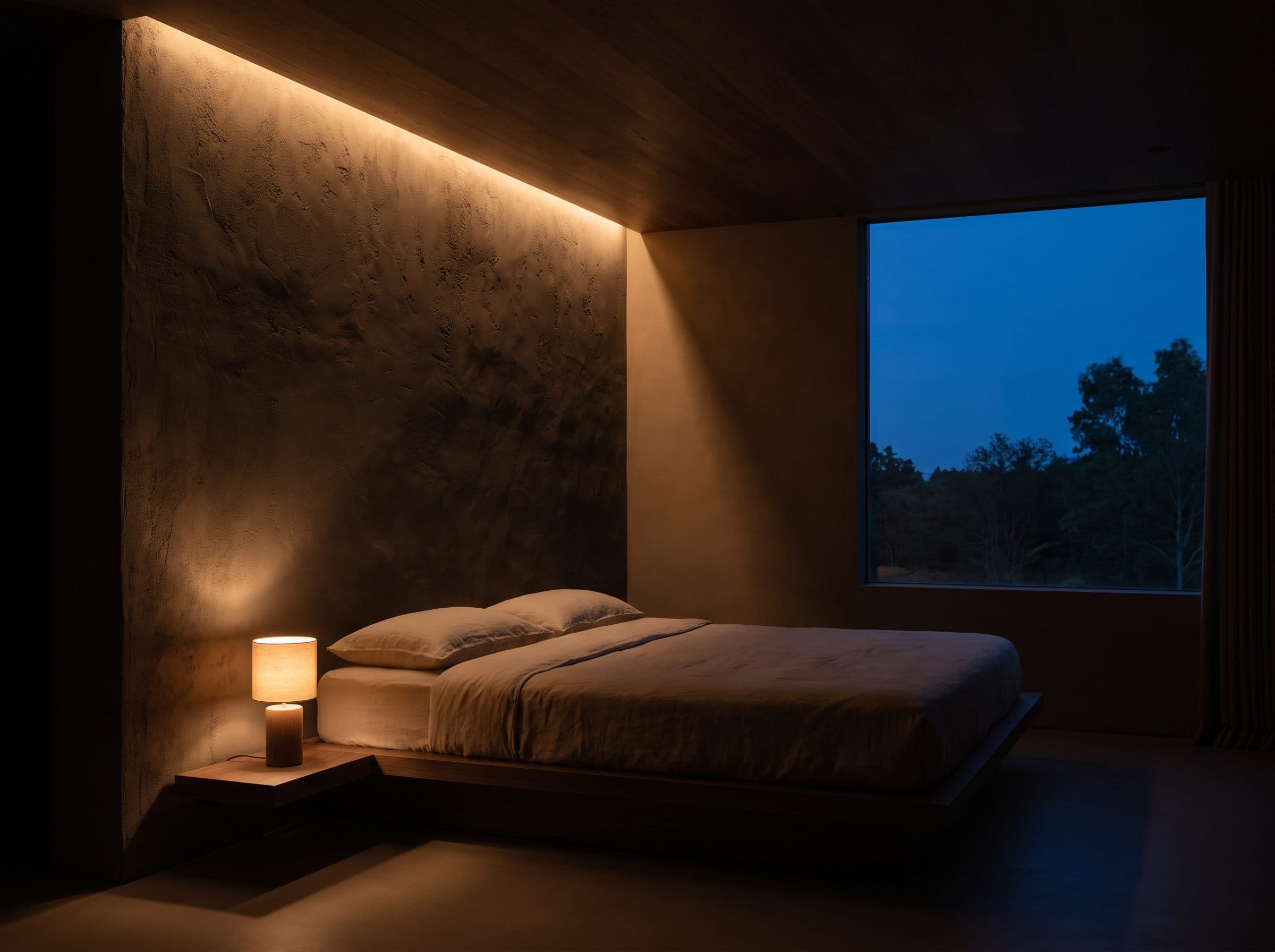 Bedroom at night lit in layers: bedside glow, cove light and a grazed textured wall