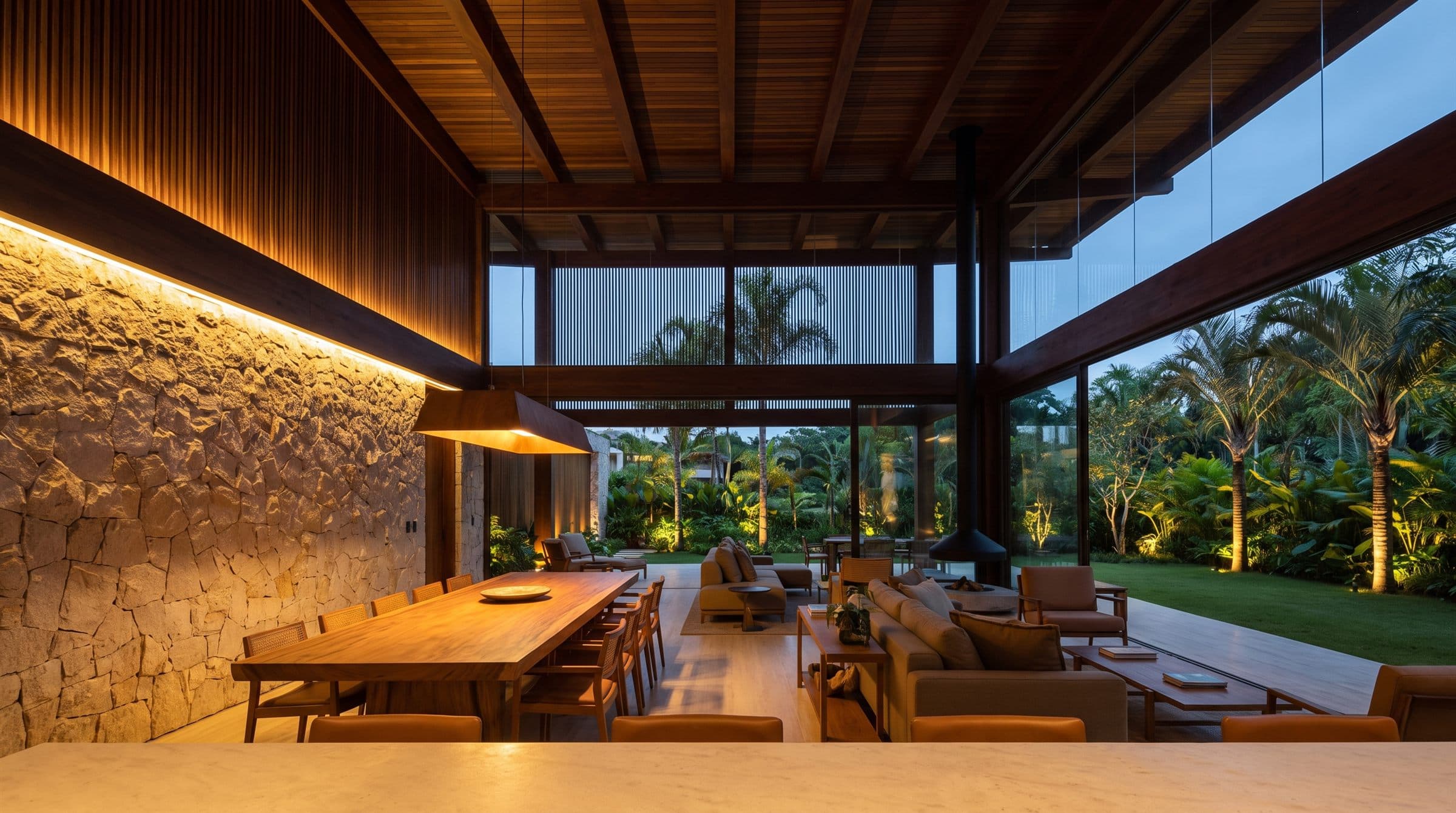 Double-height living and dining space with concealed linear lighting grazing a stone wall