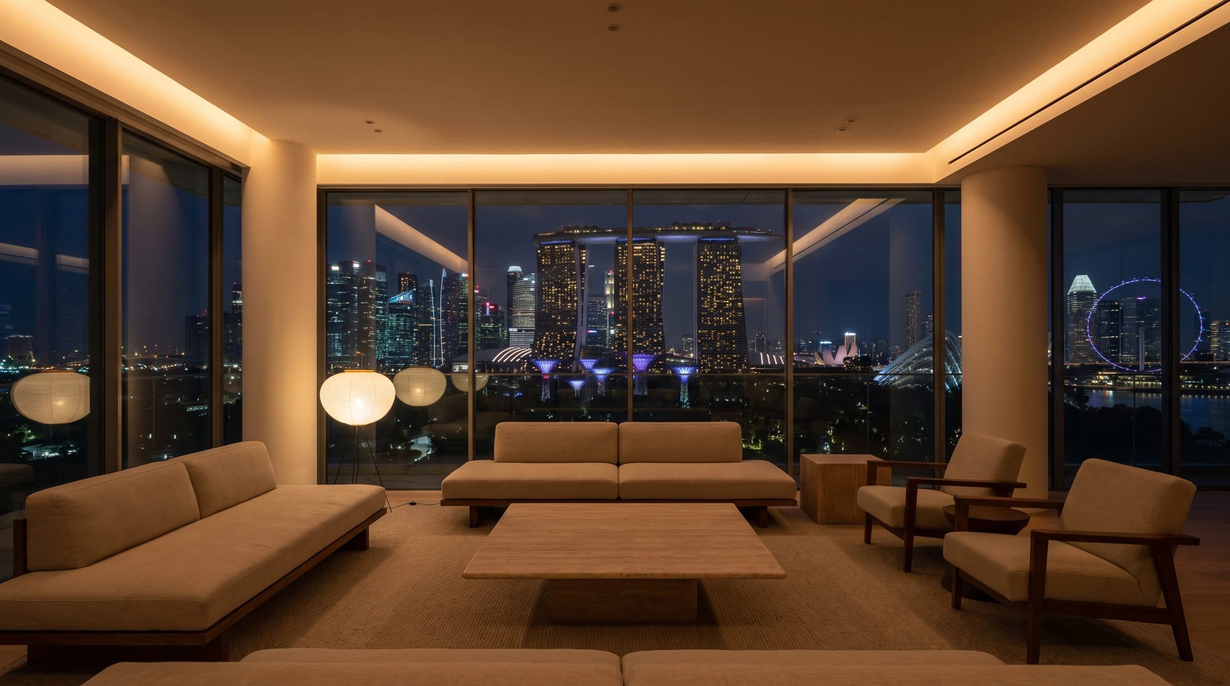 Penthouse living room at night with warm cove lighting and the city skyline beyond