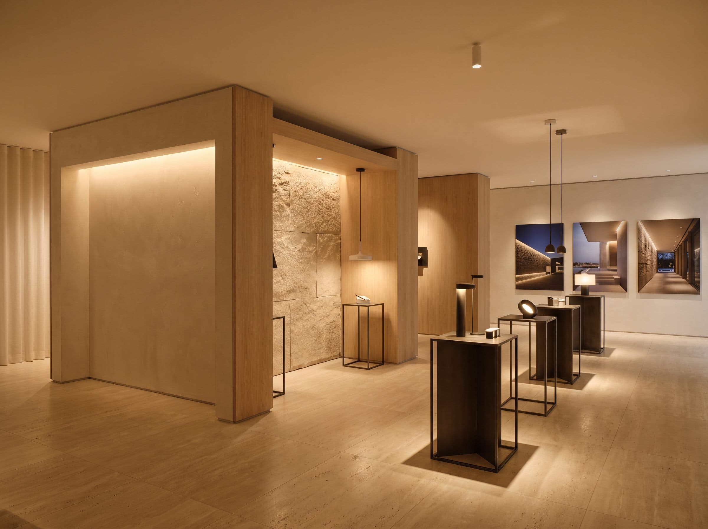 Lighting showroom with demonstration walls of cove lighting and wall grazing over spot-lit fixture plinths